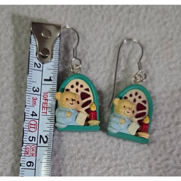 Vtg Figural 3D Teddy Bear Earrings Hook Wire Stain Glass Candle Pajama - Picture 6 of 7